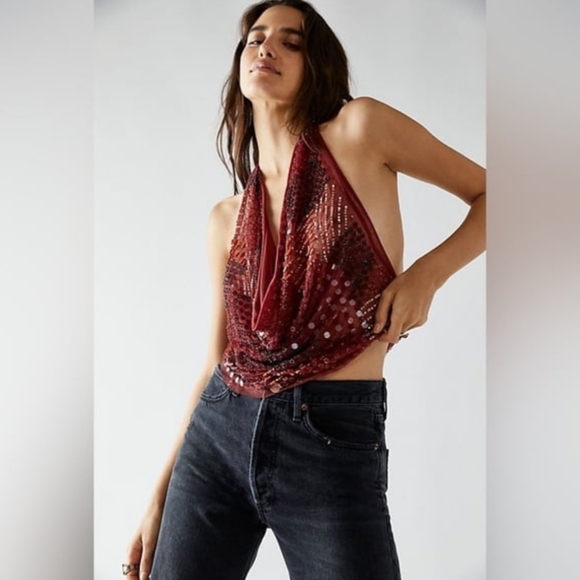 Free People Sea Urchin Red Sequin And Beaded Halter Top Women's Size XL - Picture 1 of 10